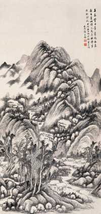 张石园 署年：甲戌(1934) 苍山村居 立轴